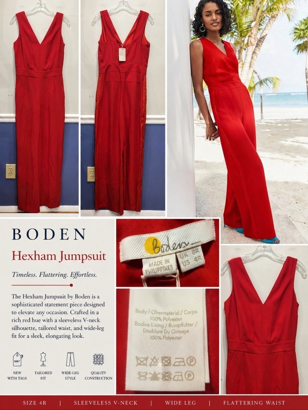 Sz 4R NWT Red Sleeveless Boden Red Hexham Jumpsuit